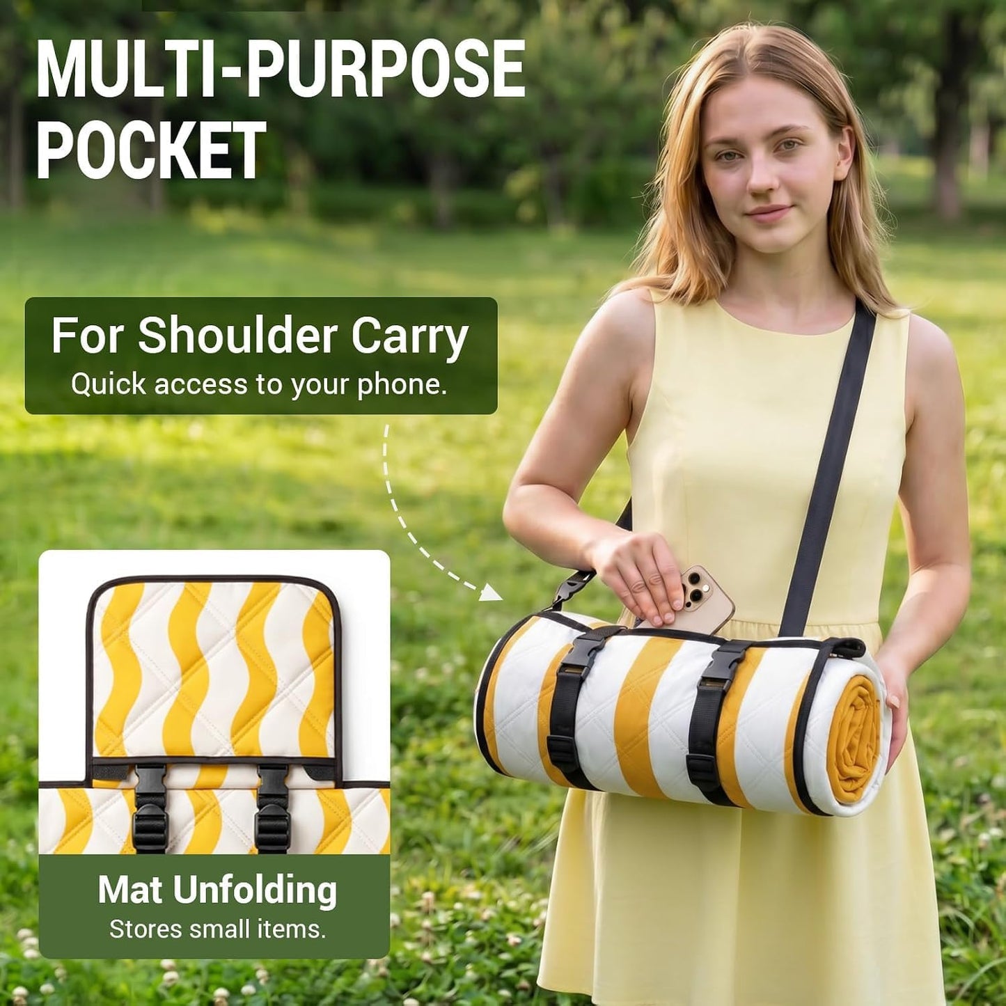 Picnic Blanket Waterproof, 80''x80'' Large Beach Blanket, Outdoor Blanket with Adjustable Straps & Shoulder Strap, Foldable Picnic Mat for Garden, Grass, Travel, Hiking, Yellow (Wavy Stripes)