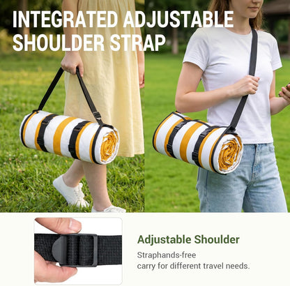 Picnic Blanket Waterproof, 80''x80'' Large Beach Blanket, Outdoor Blanket with Adjustable Straps & Shoulder Strap, Foldable Picnic Mat for Garden, Grass, Travel, Hiking, Yellow (Wavy Stripes)