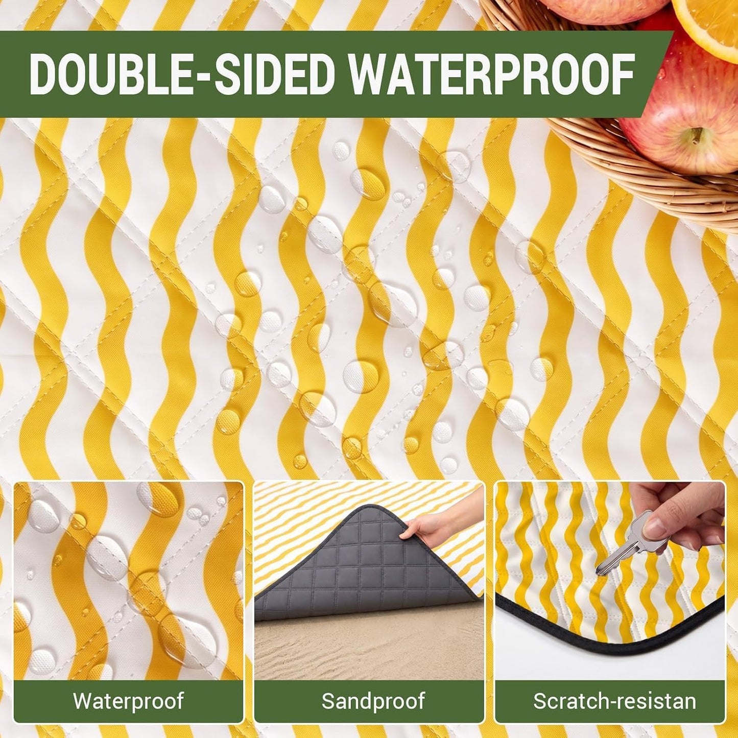Picnic Blanket Waterproof, 80''x80'' Large Beach Blanket, Outdoor Blanket with Adjustable Straps & Shoulder Strap, Foldable Picnic Mat for Garden, Grass, Travel, Hiking, Yellow (Wavy Stripes)