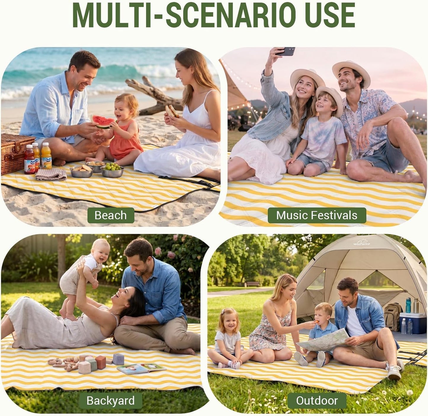 Picnic Blanket Waterproof, 80''x80'' Large Beach Blanket, Outdoor Blanket with Adjustable Straps & Shoulder Strap, Foldable Picnic Mat for Garden, Grass, Travel, Hiking, Yellow (Wavy Stripes)