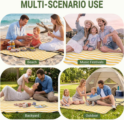 Picnic Blanket Waterproof, 80''x80'' Large Beach Blanket, Outdoor Blanket with Adjustable Straps & Shoulder Strap, Foldable Picnic Mat for Garden, Grass, Travel, Hiking, Yellow (Wavy Stripes)