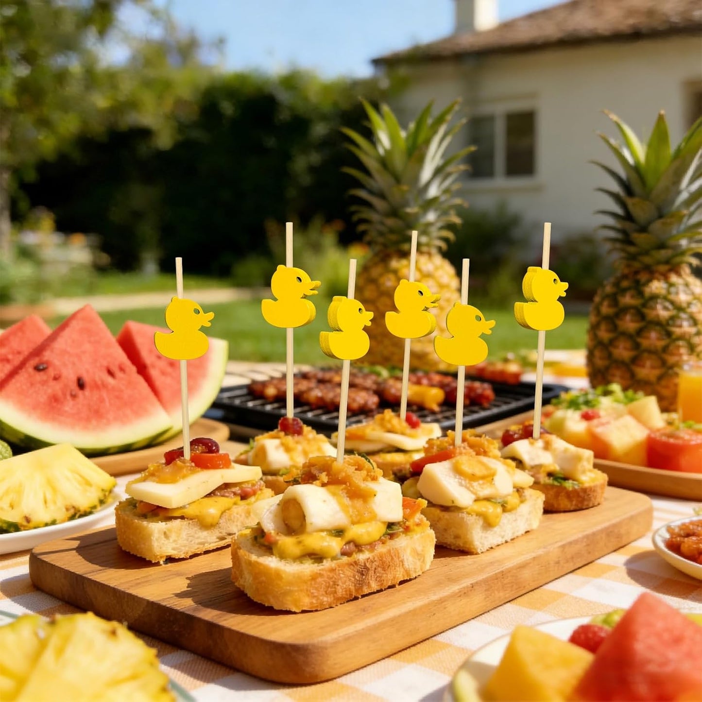 Duck Cocktail Picks,100pcs 4.7'' Food Skewers for Appetizers & Charcuterie | Yellow Duck Bamboo Toothpicks Fruit Sticks for Pool Party, Birthday, Summer Picnic, Beach Gathering, Tropical Bridal Shower