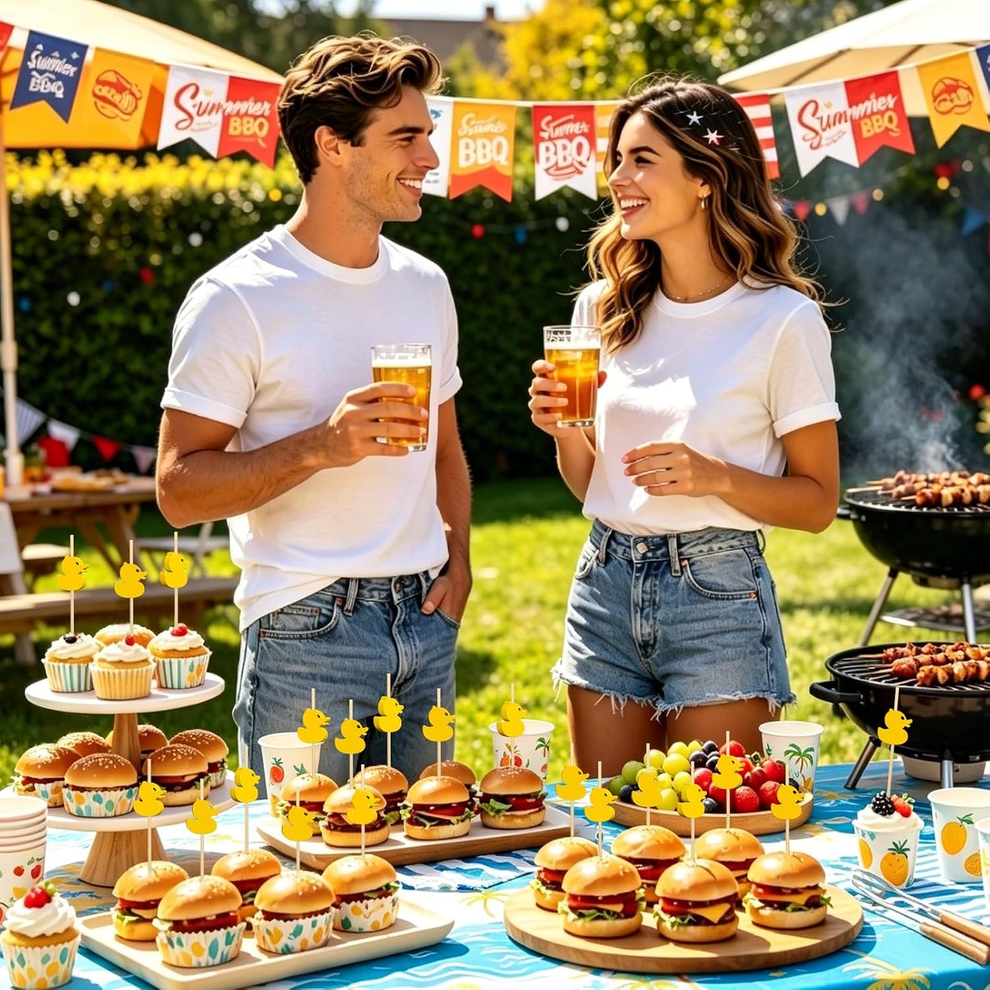 Duck Cocktail Picks,100pcs 4.7'' Food Skewers for Appetizers & Charcuterie | Yellow Duck Bamboo Toothpicks Fruit Sticks for Pool Party, Birthday, Summer Picnic, Beach Gathering, Tropical Bridal Shower