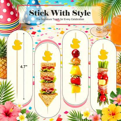 Duck Cocktail Picks,100pcs 4.7'' Food Skewers for Appetizers & Charcuterie | Yellow Duck Bamboo Toothpicks Fruit Sticks for Pool Party, Birthday, Summer Picnic, Beach Gathering, Tropical Bridal Shower