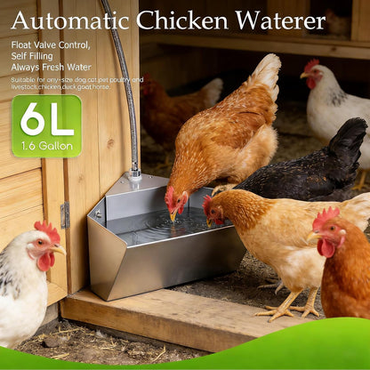 Automatic Dog Water Bowl Dispenser, 1.6 Gallon Chicken Waterer | Self Filling Water Feeder For Pet, Dogs, Chicken, Livestock, Kennel Wall Mount, Spill Proof, 79" Pipe & 3/4" GHT Hose Connect