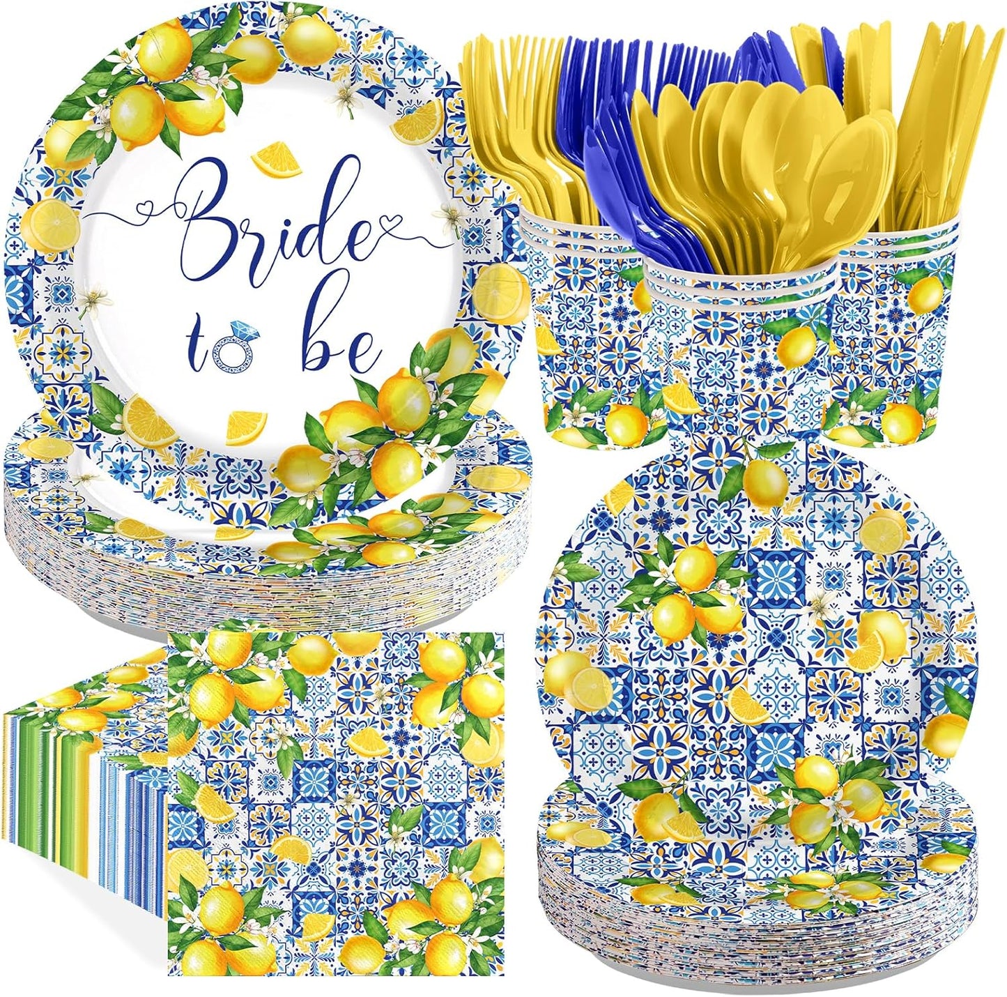 168Pcs Lemon Bridal Shower Party Decor Amalfi Coast Plates Napkins Cups Forks Knives Spoons Disposable Citrus Fruit Tableware for Capri Lemon Bridal Shower Wedding Party Supplies, Serves 24