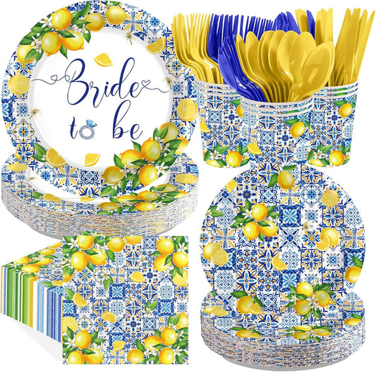 168Pcs Lemon Bridal Shower Party Decor Amalfi Coast Plates Napkins Cups Forks Knives Spoons Disposable Citrus Fruit Tableware for Capri Lemon Bridal Shower Wedding Party Supplies, Serves 24