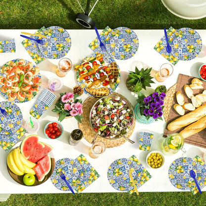168Pcs Lemon Bridal Shower Party Decor Amalfi Coast Plates Napkins Cups Forks Knives Spoons Disposable Citrus Fruit Tableware for Capri Lemon Bridal Shower Wedding Party Supplies, Serves 24