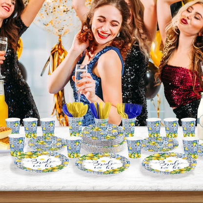 168Pcs Lemon Bridal Shower Party Decor Amalfi Coast Plates Napkins Cups Forks Knives Spoons Disposable Citrus Fruit Tableware for Capri Lemon Bridal Shower Wedding Party Supplies, Serves 24