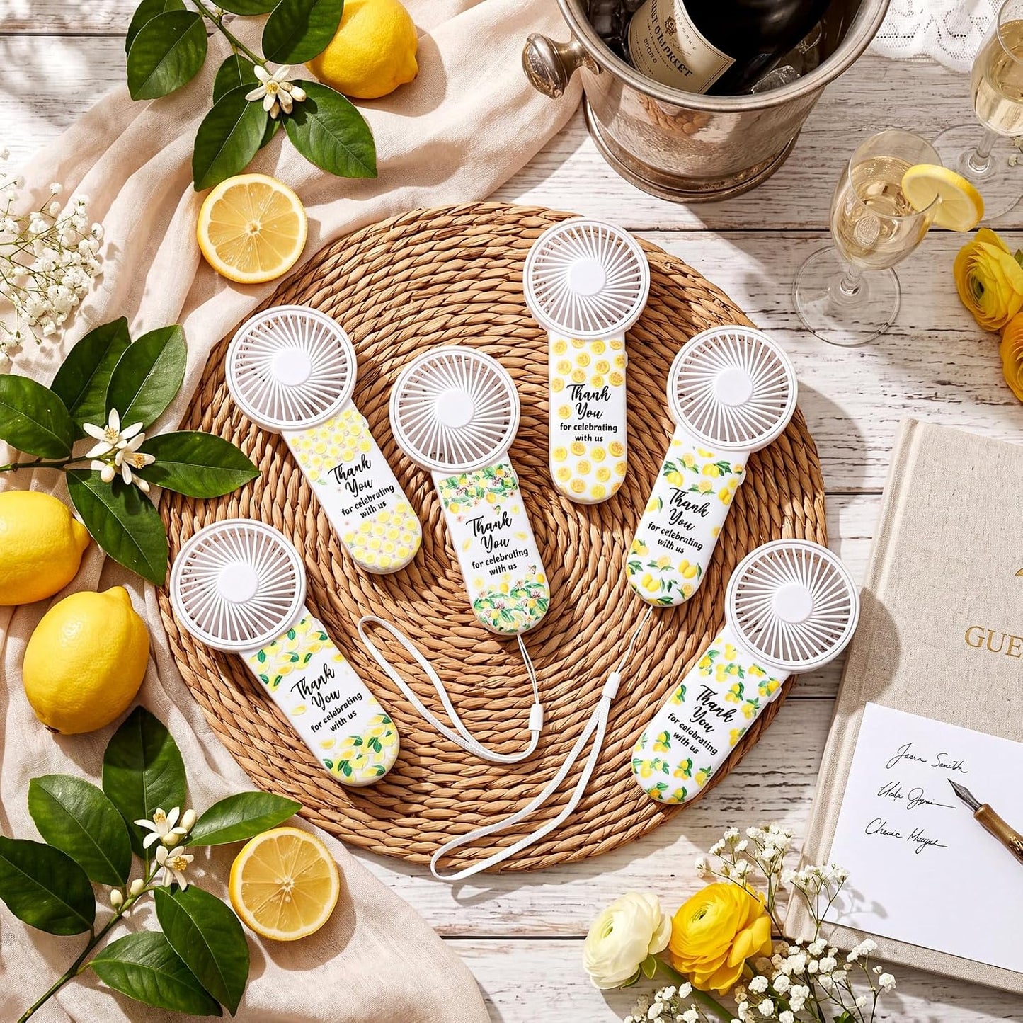 12 Set Lemon Mini Fans Bulk for Guests Wedding Party Favors Bridal Shower Decorations Small Handheld Fans Portable Battery Powered for Bridesmaid Thank You Gift Summer Mediterranean Party