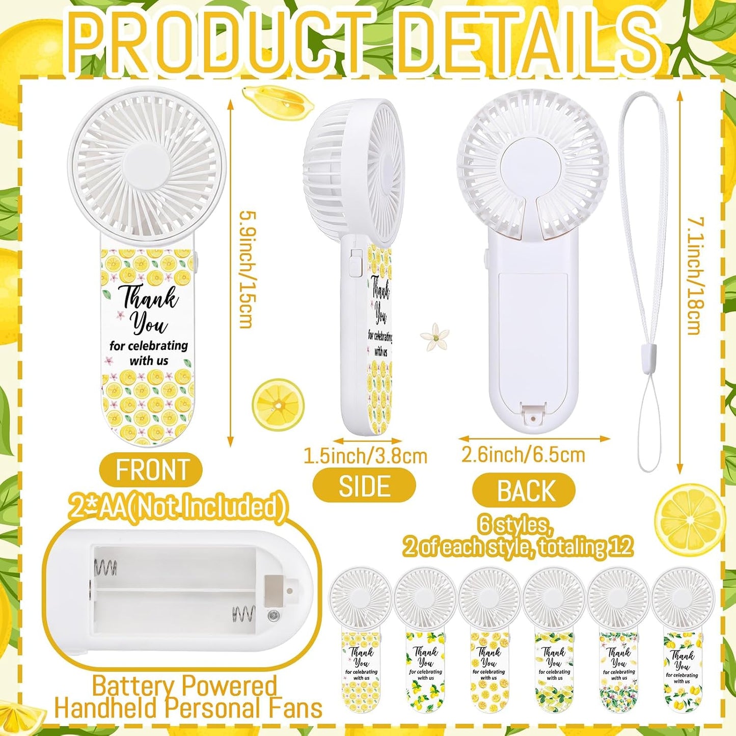 12 Set Lemon Mini Fans Bulk for Guests Wedding Party Favors Bridal Shower Decorations Small Handheld Fans Portable Battery Powered for Bridesmaid Thank You Gift Summer Mediterranean Party
