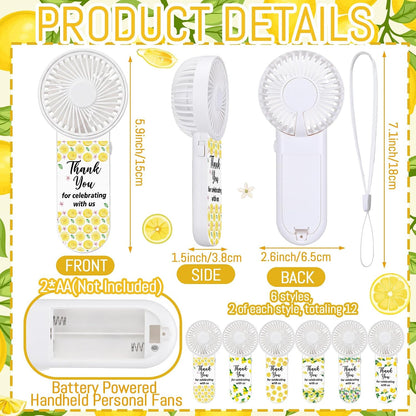 12 Set Lemon Mini Fans Bulk for Guests Wedding Party Favors Bridal Shower Decorations Small Handheld Fans Portable Battery Powered for Bridesmaid Thank You Gift Summer Mediterranean Party