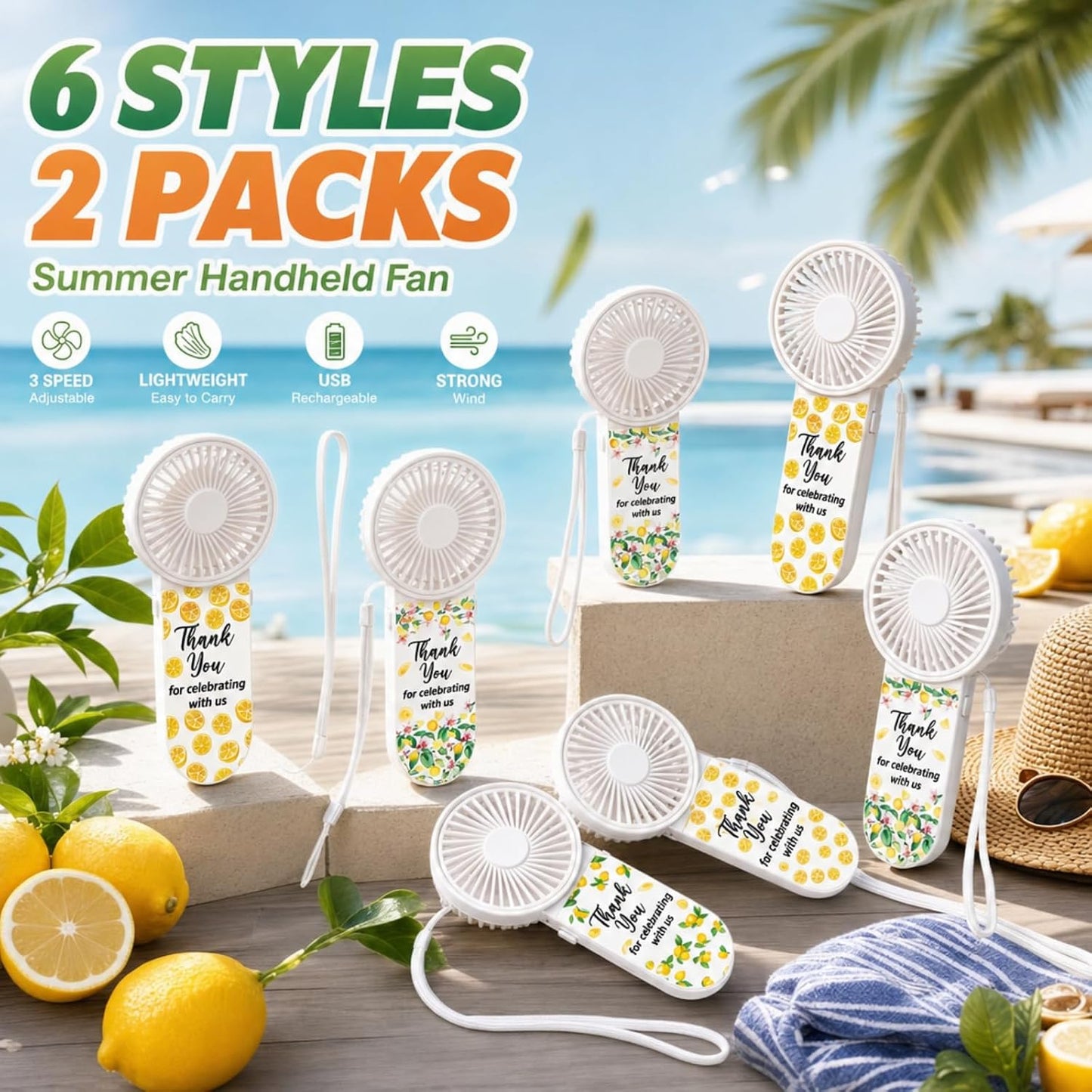 12 Set Lemon Mini Fans Bulk for Guests Wedding Party Favors Bridal Shower Decorations Small Handheld Fans Portable Battery Powered for Bridesmaid Thank You Gift Summer Mediterranean Party