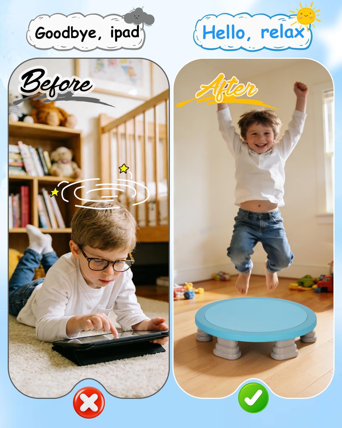 Kids Rebounder Bouncing Board, Mini Trampoline for Kids, 25 in Sensory Bouncing Board with Non-Slip Base, Rebound Jumping Board for Indoor Outdoor Play Autism Sensory Development Ideal Gift