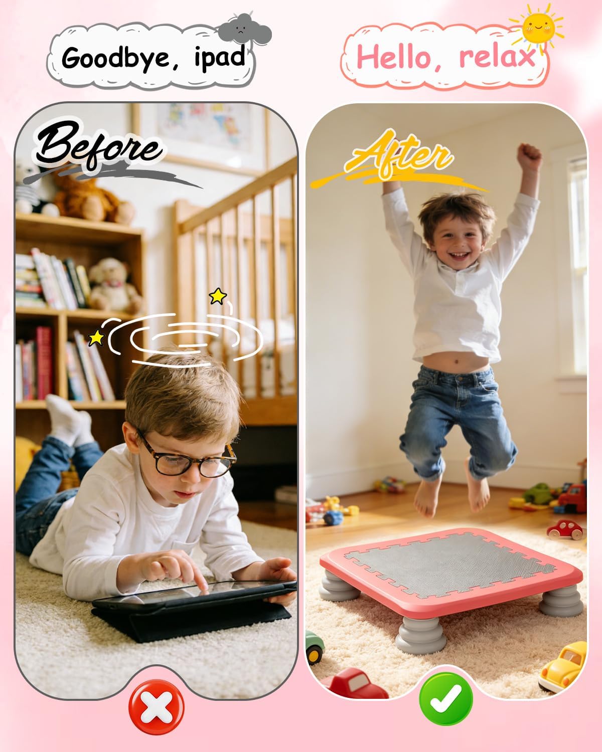 Kids Rebounder Bouncing Board, Mini Trampoline for Kids, 25 in Sensory Bouncing Board with Non-Slip Base, Rebound Jumping Board for Indoor Outdoor Play Autism Sensory Development Ideal Gift