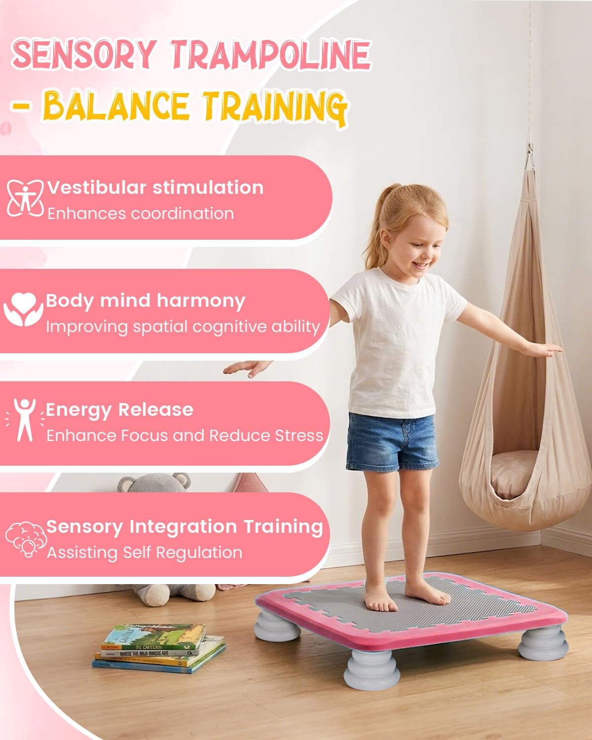 Kids Rebounder Bouncing Board, Mini Trampoline for Kids, 25 in Sensory Bouncing Board with Non-Slip Base, Rebound Jumping Board for Indoor Outdoor Play Autism Sensory Development Ideal Gift