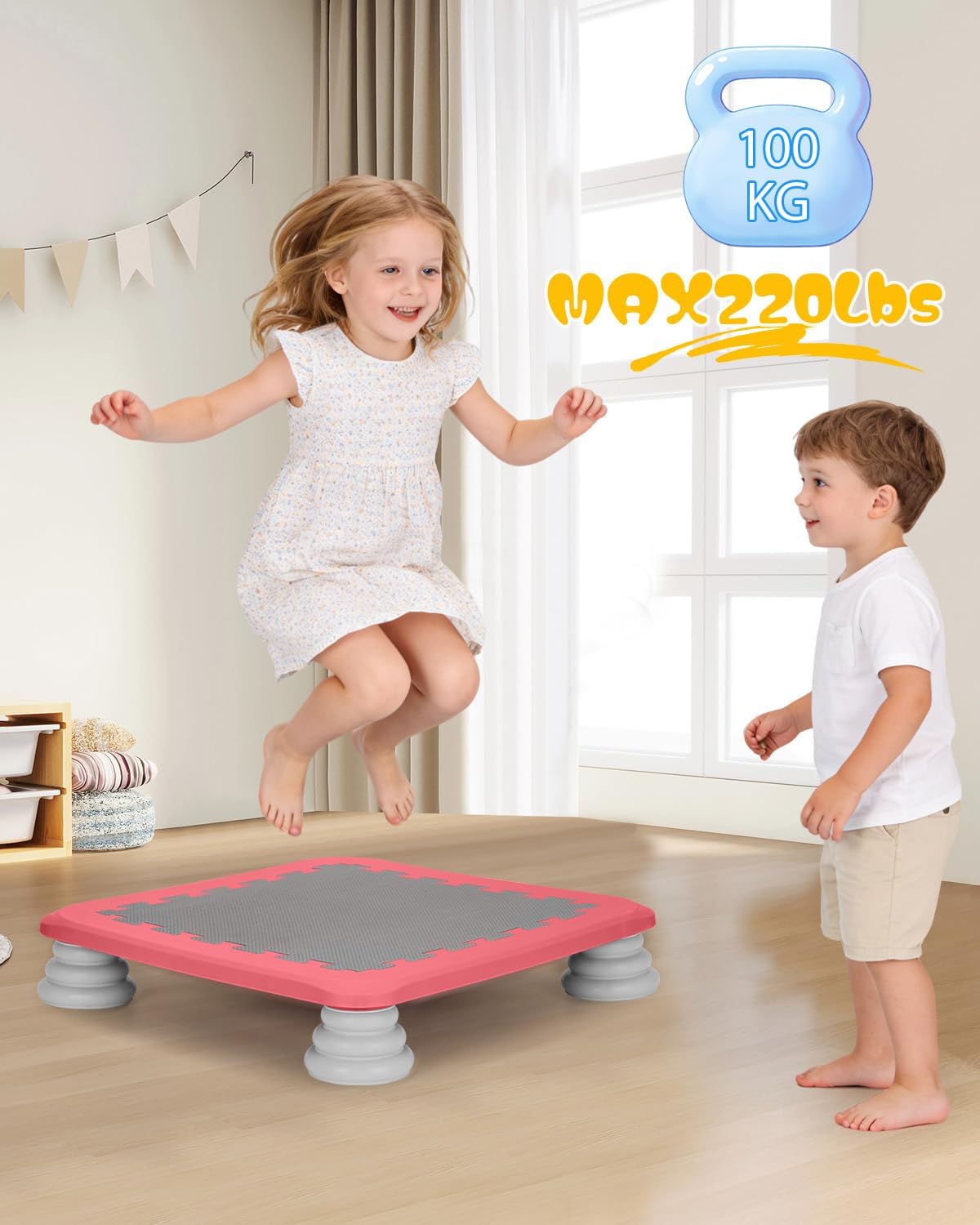 Kids Rebounder Bouncing Board, Mini Trampoline for Kids, 25 in Sensory Bouncing Board with Non-Slip Base, Rebound Jumping Board for Indoor Outdoor Play Autism Sensory Development Ideal Gift