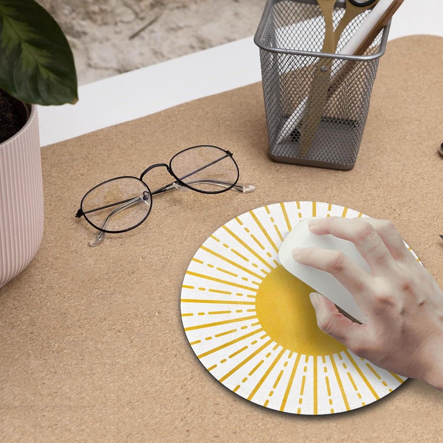 Boho Yellow Sunshine Mouse Pad,Sunshine Mouse Pads Mousepad for Desk Home Office Dorm Computers Laptop, Boho Office Supplies Desk Accessories, 7.9x7.9 Inch