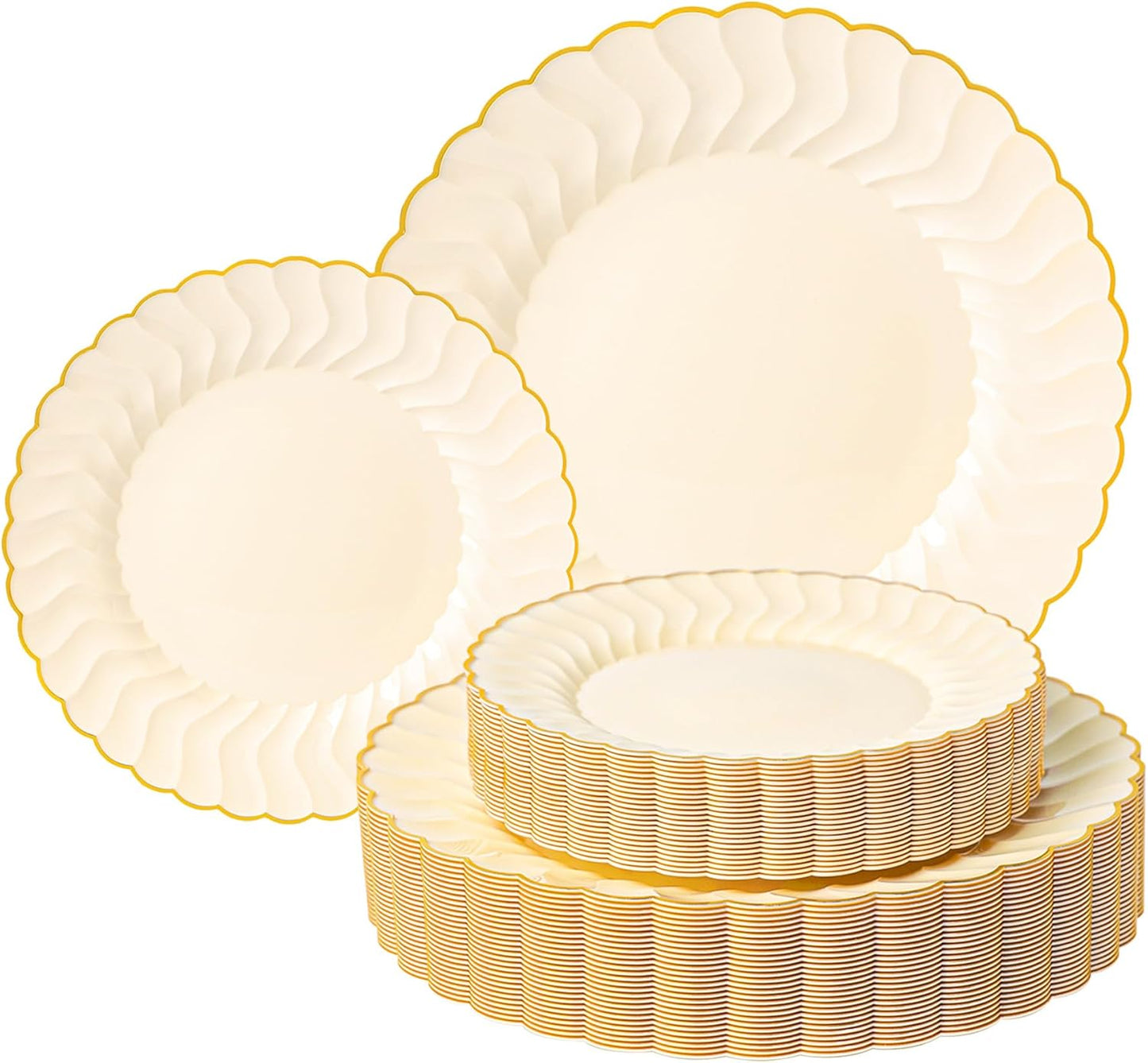 60PCS Light Yellow Scalloped Plastic Plates with Gold Rim for Party | Disposable Elegant Plates Include 30 Dinner Plates 10.25", 30 Dessert Plates 7.5", Perfect for Weddings and Daily Use