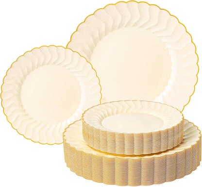 60PCS Light Yellow Scalloped Plastic Plates with Gold Rim for Party | Disposable Elegant Plates Include 30 Dinner Plates 10.25", 30 Dessert Plates 7.5", Perfect for Weddings and Daily Use