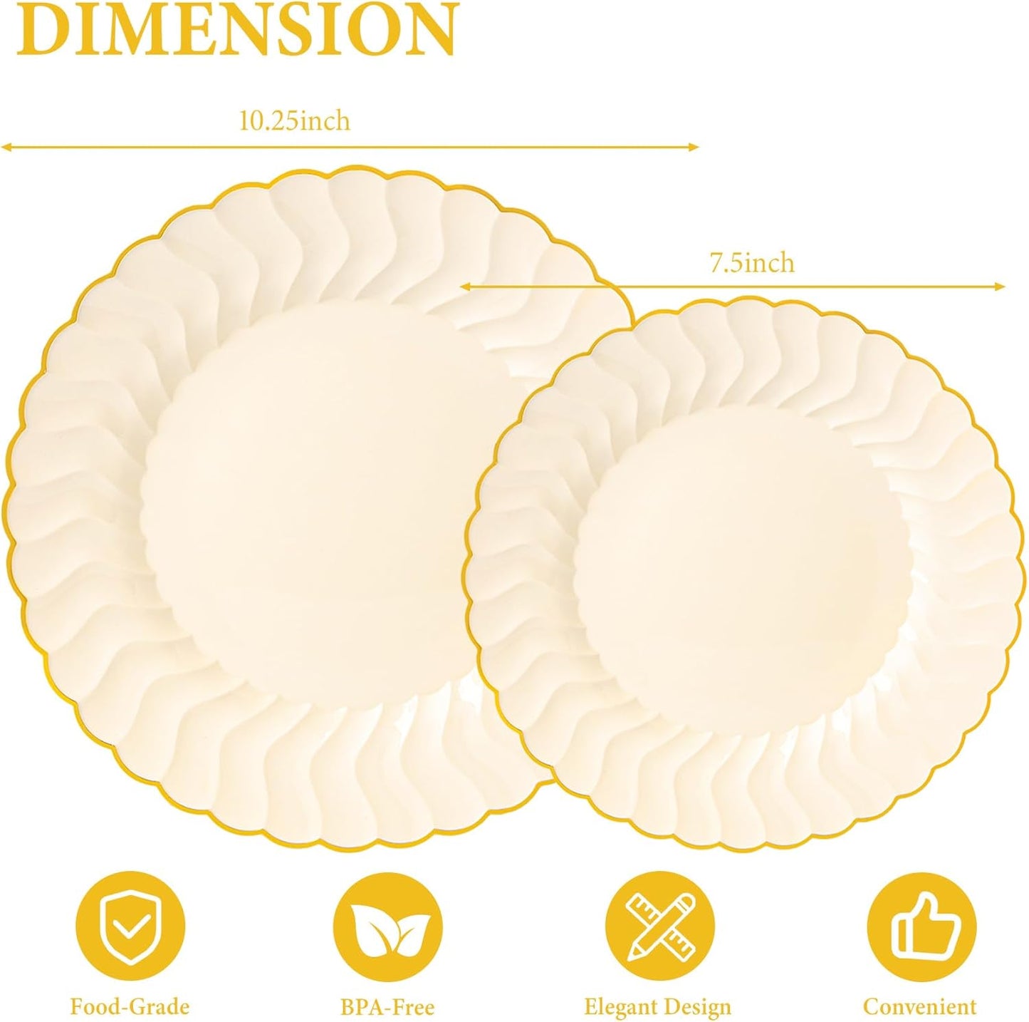 60PCS Light Yellow Scalloped Plastic Plates with Gold Rim for Party | Disposable Elegant Plates Include 30 Dinner Plates 10.25", 30 Dessert Plates 7.5", Perfect for Weddings and Daily Use
