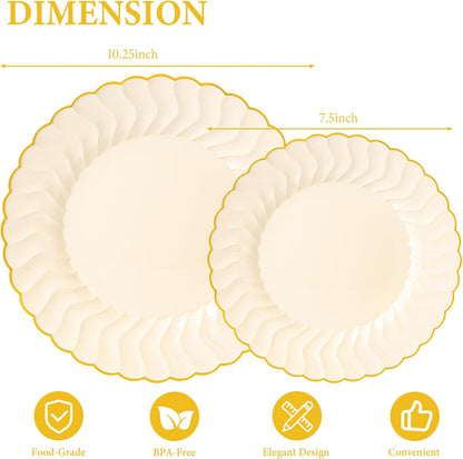 60PCS Light Yellow Scalloped Plastic Plates with Gold Rim for Party | Disposable Elegant Plates Include 30 Dinner Plates 10.25", 30 Dessert Plates 7.5", Perfect for Weddings and Daily Use