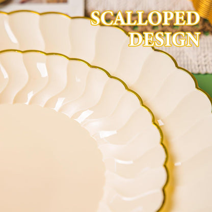 60PCS Light Yellow Scalloped Plastic Plates with Gold Rim for Party | Disposable Elegant Plates Include 30 Dinner Plates 10.25", 30 Dessert Plates 7.5", Perfect for Weddings and Daily Use