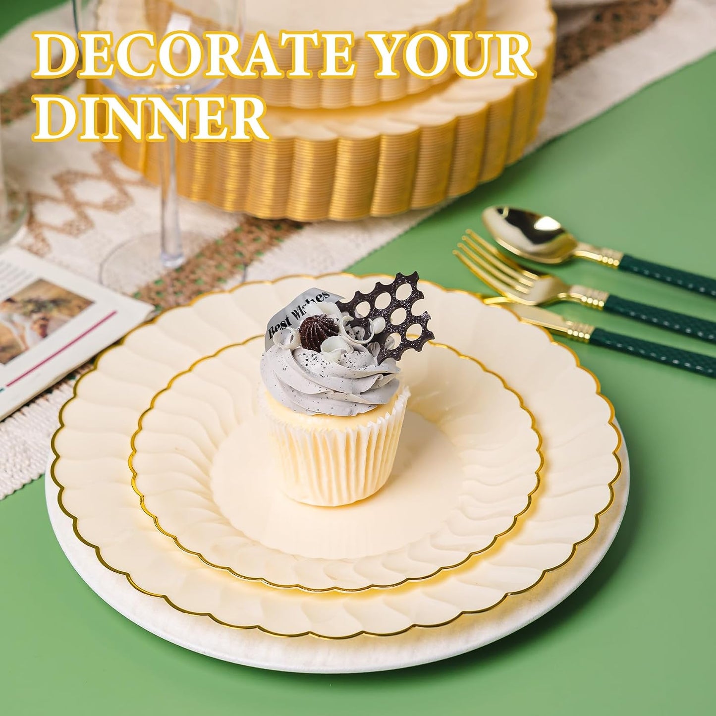 60PCS Light Yellow Scalloped Plastic Plates with Gold Rim for Party | Disposable Elegant Plates Include 30 Dinner Plates 10.25", 30 Dessert Plates 7.5", Perfect for Weddings and Daily Use