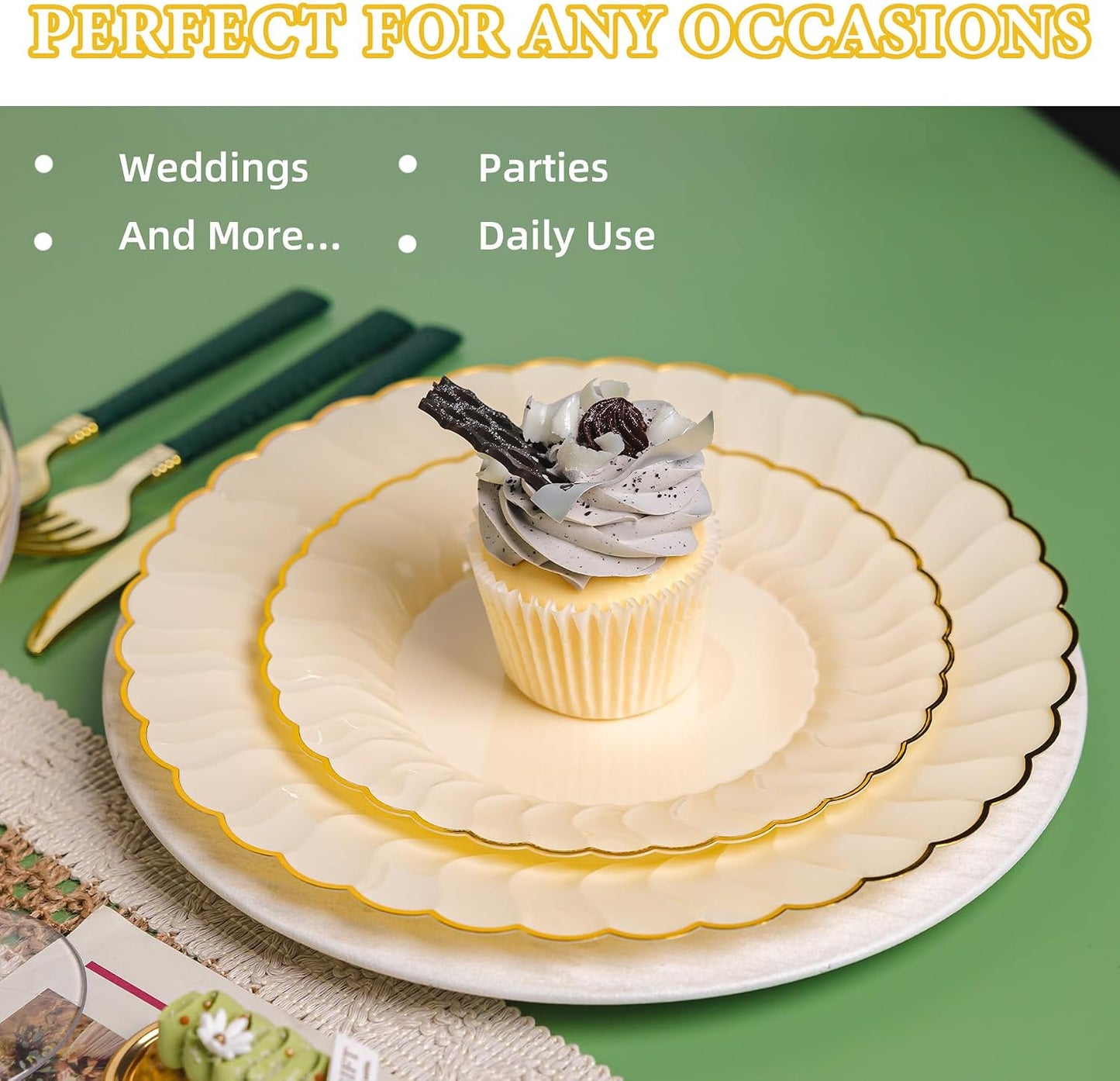 60PCS Light Yellow Scalloped Plastic Plates with Gold Rim for Party | Disposable Elegant Plates Include 30 Dinner Plates 10.25", 30 Dessert Plates 7.5", Perfect for Weddings and Daily Use