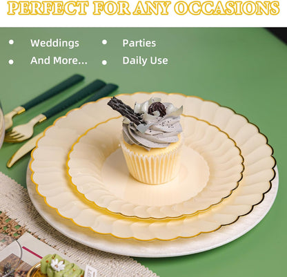 60PCS Light Yellow Scalloped Plastic Plates with Gold Rim for Party | Disposable Elegant Plates Include 30 Dinner Plates 10.25", 30 Dessert Plates 7.5", Perfect for Weddings and Daily Use