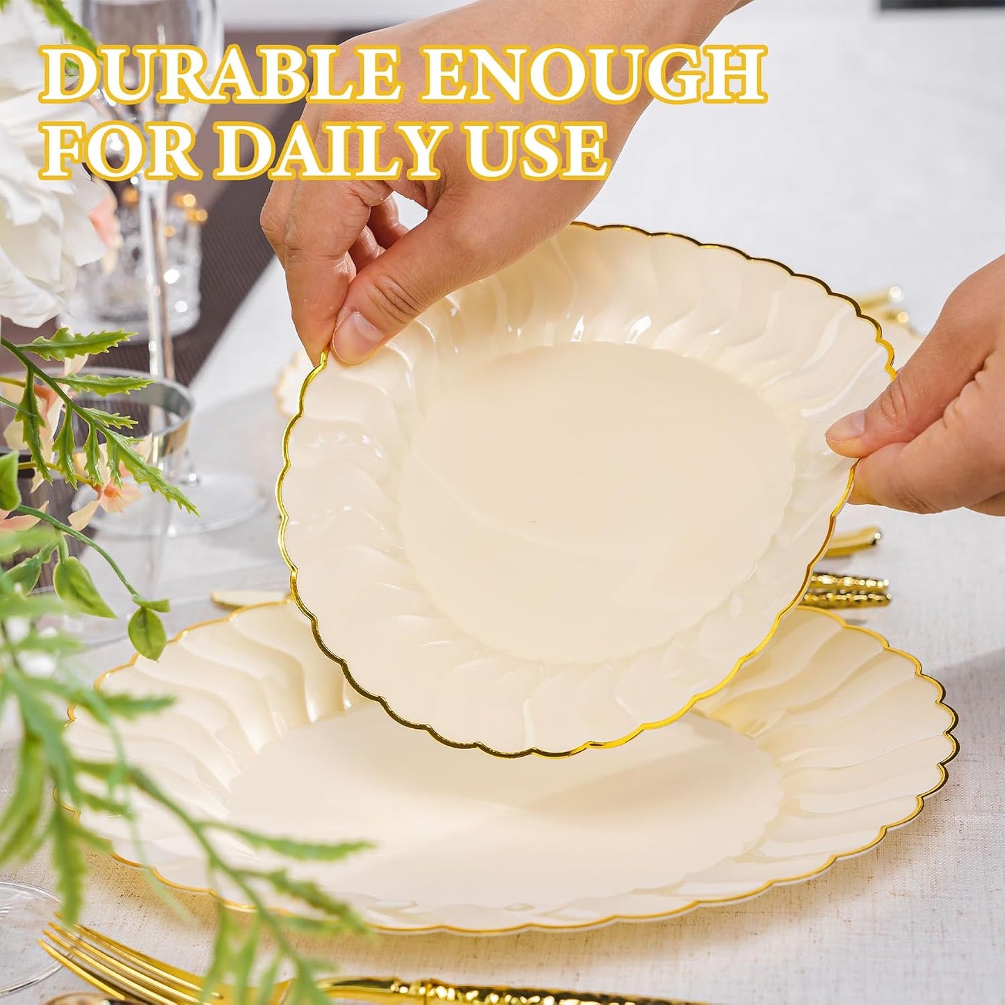 60PCS Light Yellow Scalloped Plastic Plates with Gold Rim for Party | Disposable Elegant Plates Include 30 Dinner Plates 10.25", 30 Dessert Plates 7.5", Perfect for Weddings and Daily Use
