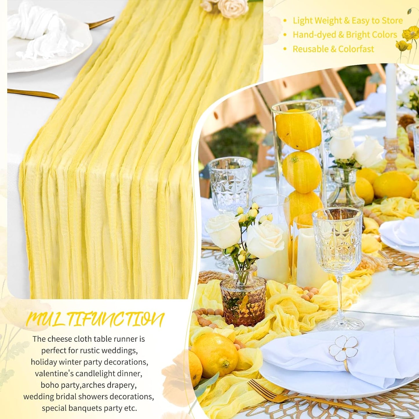 10 Pack Light Yellow Table Runner Cheesecloth Table Runner 17 x 108 inch Boho Gauze Cheese Cloth Table Runners Rustic Sheer Table Decorations for Wedding Party Bridal Baby Shower Birthday Home