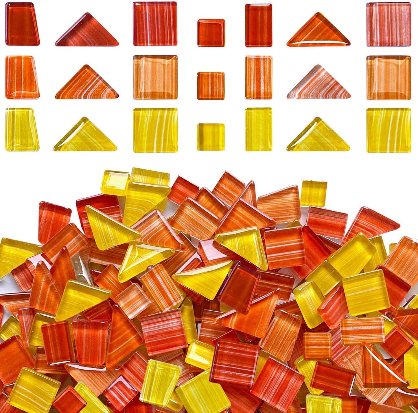 1.1LB Yellow-Orange Mix Striped Crystal Glass Mosaic Tiles – Assorted Shapes in Warm Tones for Crafts & DIY Projects