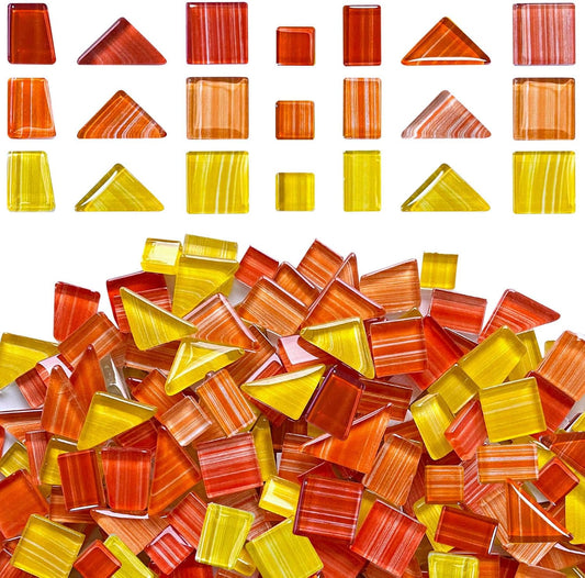 1.1LB Yellow-Orange Mix Striped Crystal Glass Mosaic Tiles – Assorted Shapes in Warm Tones for Crafts & DIY Projects