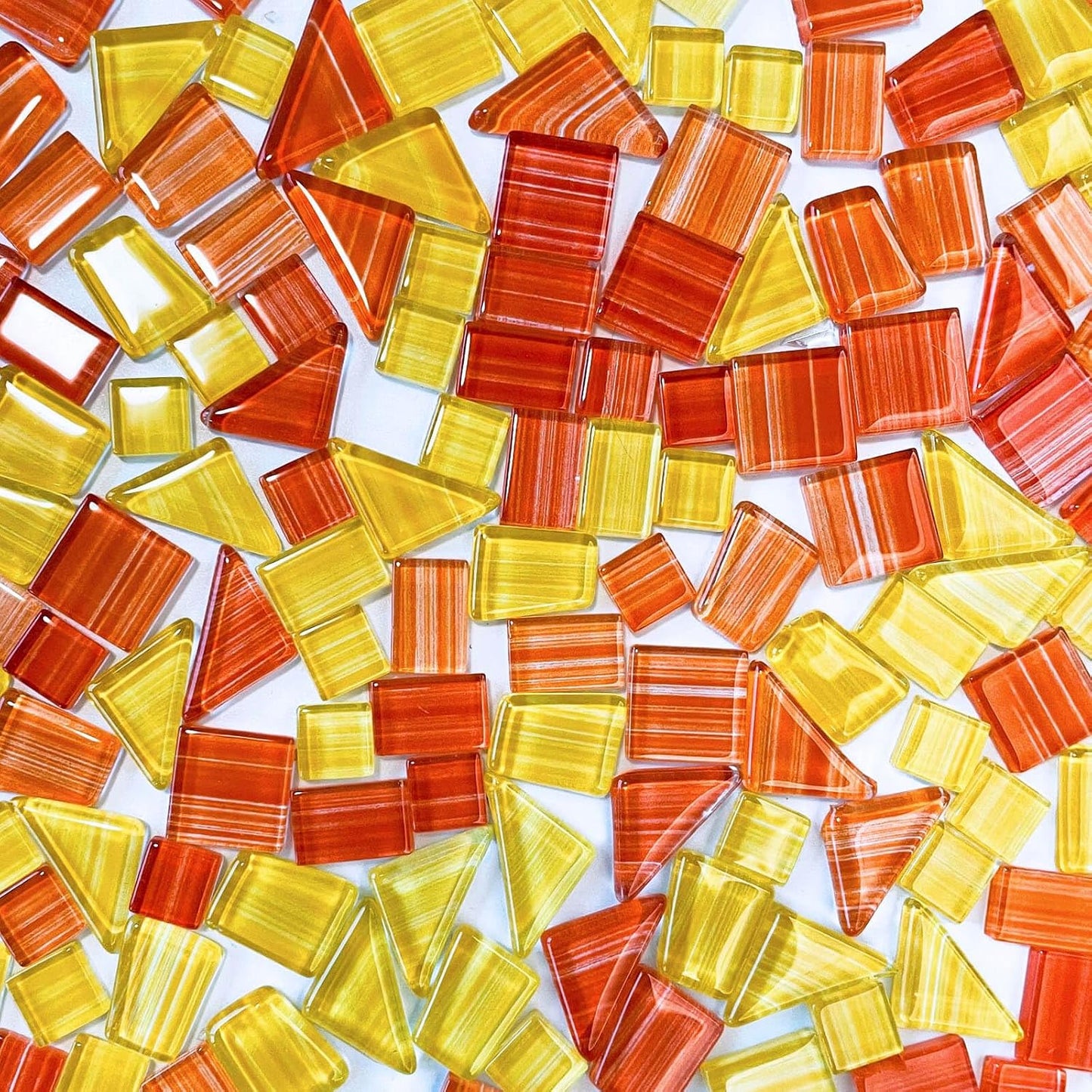 1.1LB Yellow-Orange Mix Striped Crystal Glass Mosaic Tiles – Assorted Shapes in Warm Tones for Crafts & DIY Projects