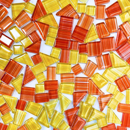 1.1LB Yellow-Orange Mix Striped Crystal Glass Mosaic Tiles – Assorted Shapes in Warm Tones for Crafts & DIY Projects