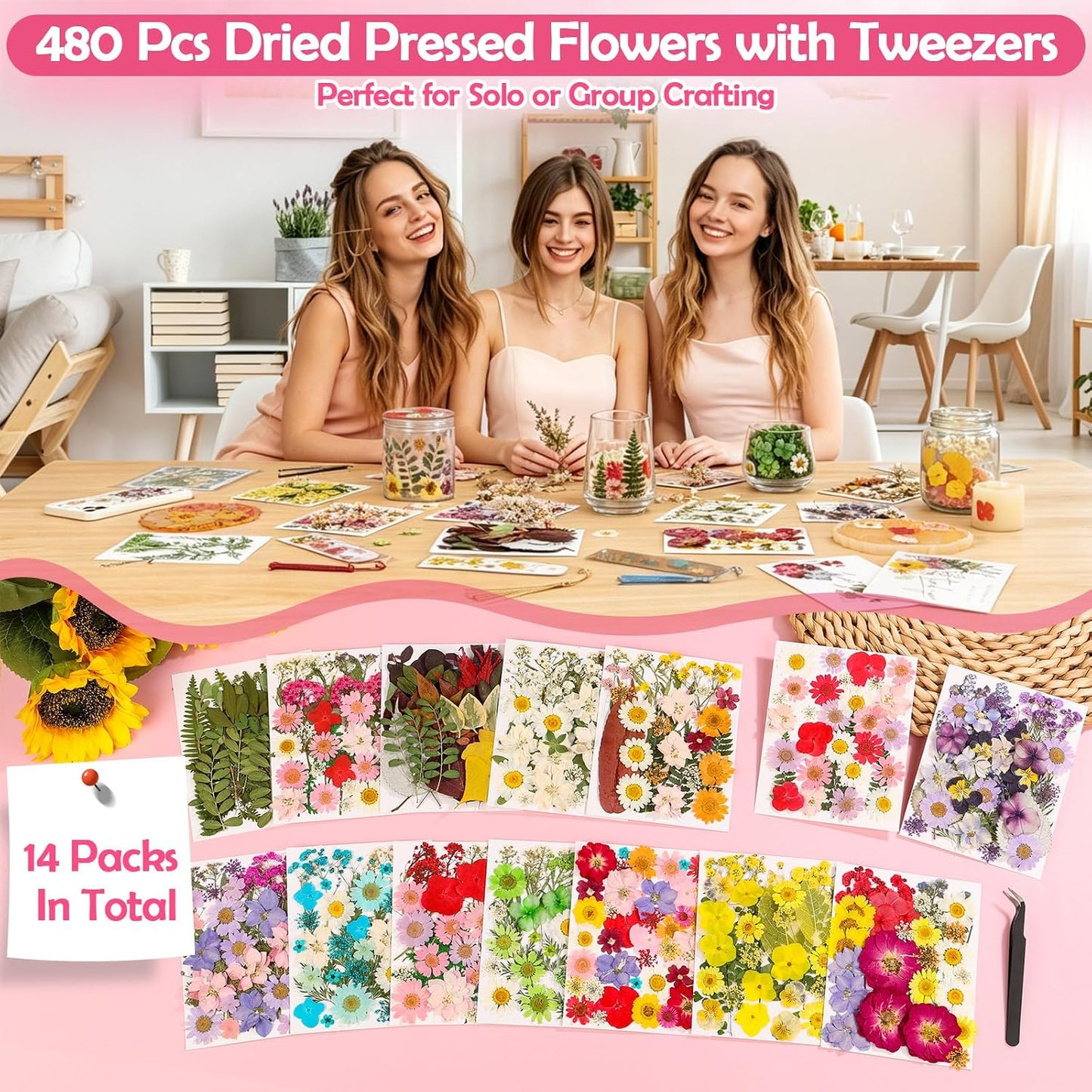 481 PCS Pressed Flowers for Crafts, Real Dried Pressed Flowers Nature Dry Flower Leaves Bulk for Resin Jewelry Making Scrapbooking Candle Soap Making Nails Frame Décor