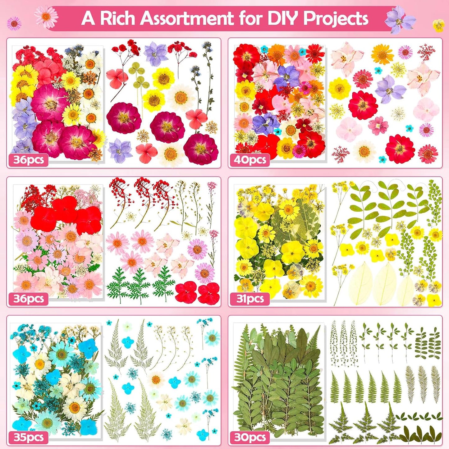 481 PCS Pressed Flowers for Crafts, Real Dried Pressed Flowers Nature Dry Flower Leaves Bulk for Resin Jewelry Making Scrapbooking Candle Soap Making Nails Frame Décor