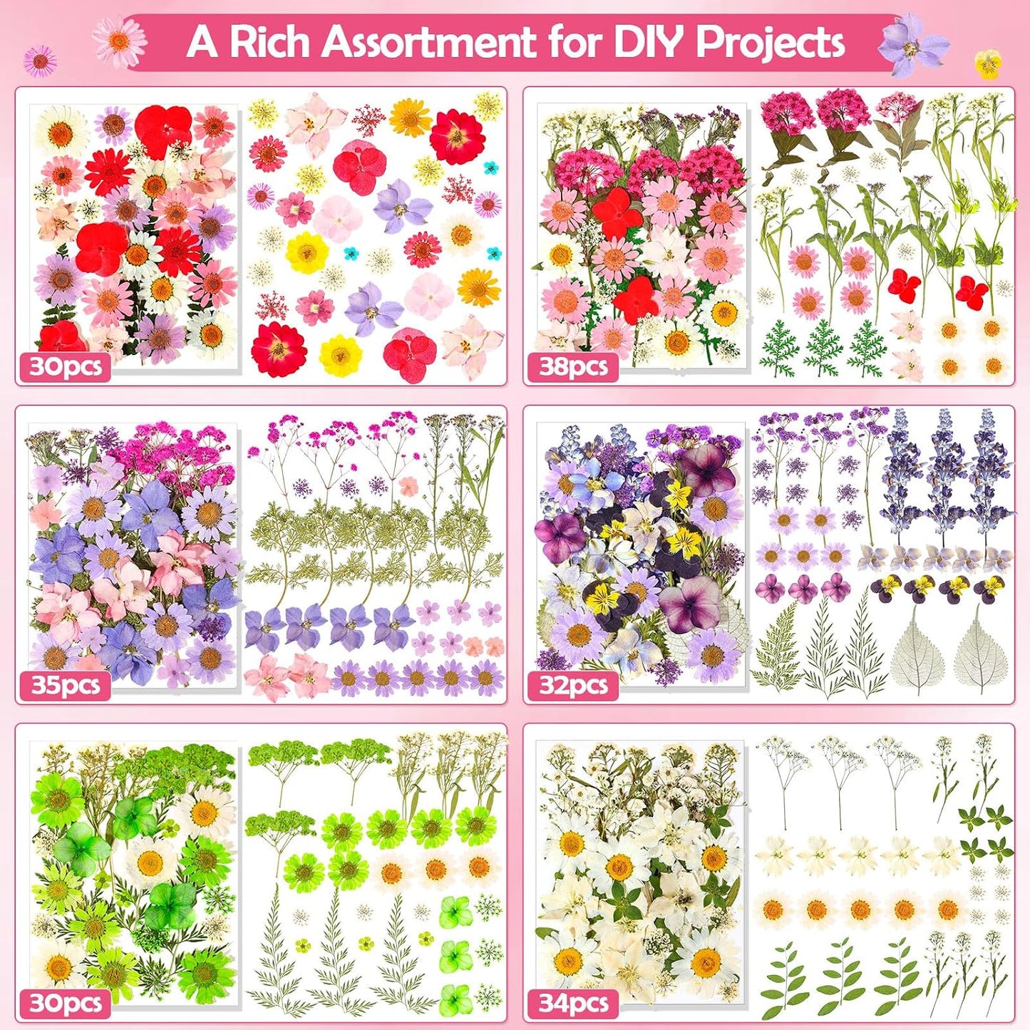 481 PCS Pressed Flowers for Crafts, Real Dried Pressed Flowers Nature Dry Flower Leaves Bulk for Resin Jewelry Making Scrapbooking Candle Soap Making Nails Frame Décor