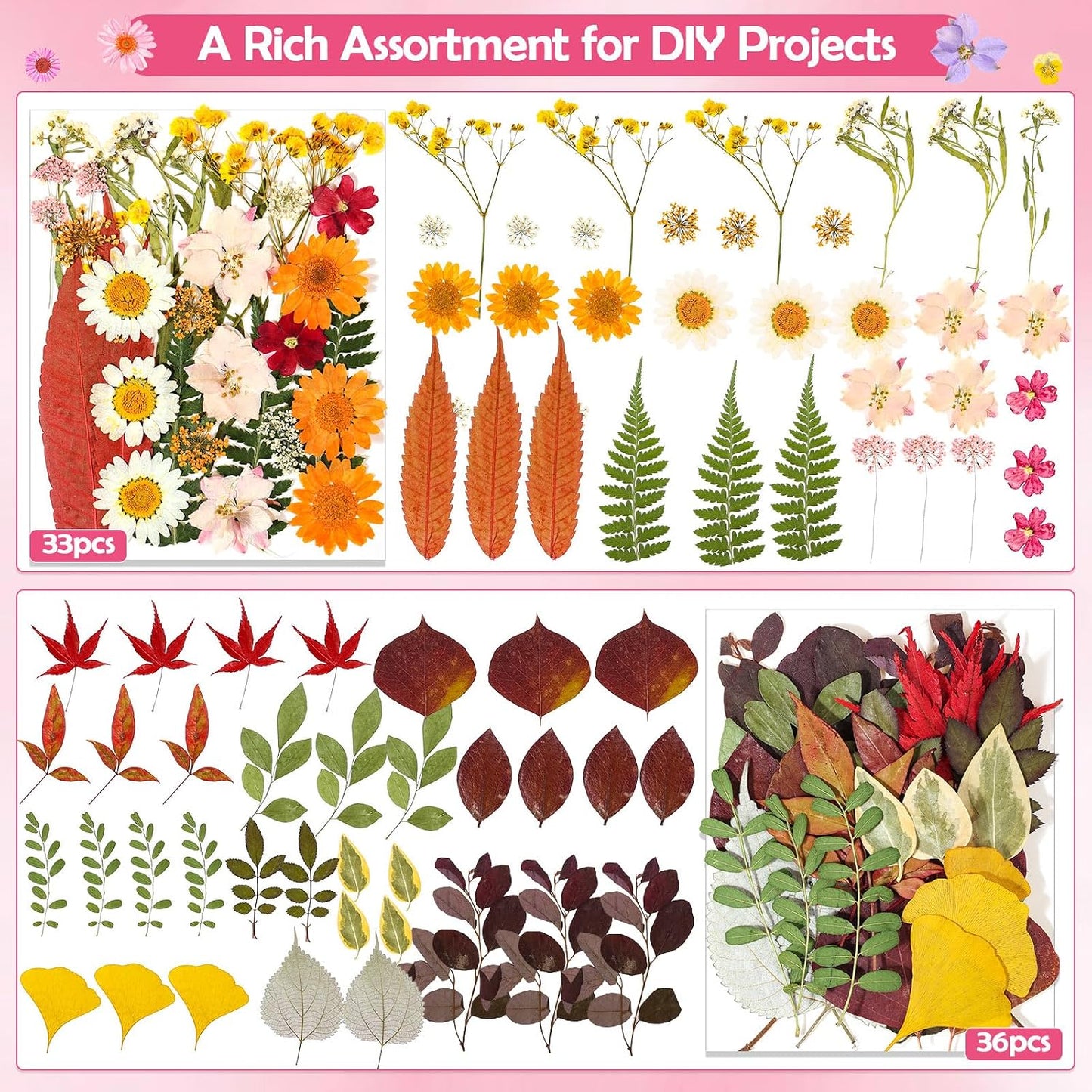 481 PCS Pressed Flowers for Crafts, Real Dried Pressed Flowers Nature Dry Flower Leaves Bulk for Resin Jewelry Making Scrapbooking Candle Soap Making Nails Frame Décor