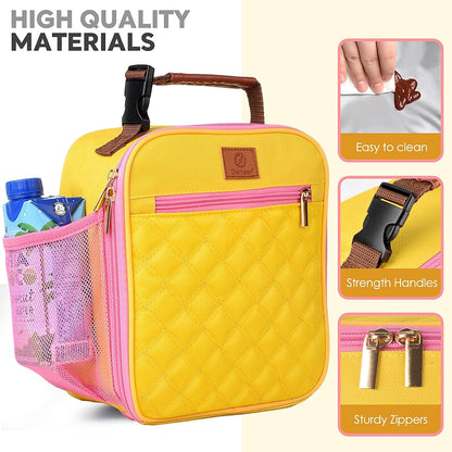 Kids Lunch Box Insulated Soft Mini Cooler with Bottle Holder, Lightweight Reusable Easy-Clean Lunch bag for Girls, Boys Back to School-Yellow
