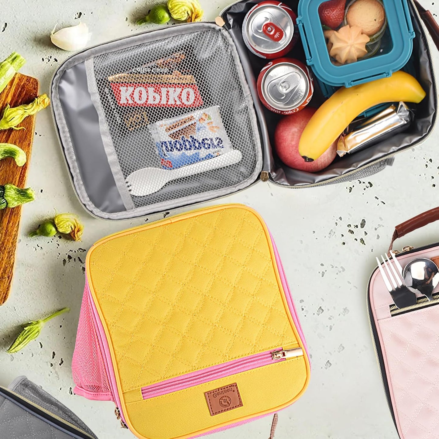 Kids Lunch Box Insulated Soft Mini Cooler with Bottle Holder, Lightweight Reusable Easy-Clean Lunch bag for Girls, Boys Back to School-Yellow