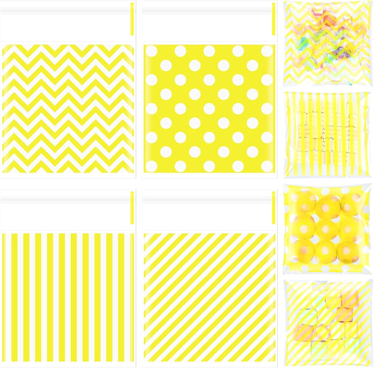 200 Pcs Cookie Bags, 4 x 4 in Self Sealing Cellophane Treat Bags Plastic Goodie Snack Bag Striped Polka Dot Candy Gift Bag for Summer Birthday Wedding Party Favors(Yellow)
