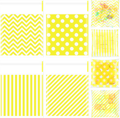 200 Pcs Cookie Bags, 4 x 4 in Self Sealing Cellophane Treat Bags Plastic Goodie Snack Bag Striped Polka Dot Candy Gift Bag for Summer Birthday Wedding Party Favors(Yellow)