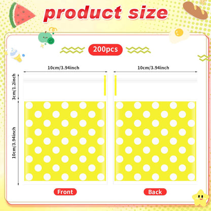 200 Pcs Cookie Bags, 4 x 4 in Self Sealing Cellophane Treat Bags Plastic Goodie Snack Bag Striped Polka Dot Candy Gift Bag for Summer Birthday Wedding Party Favors(Yellow)