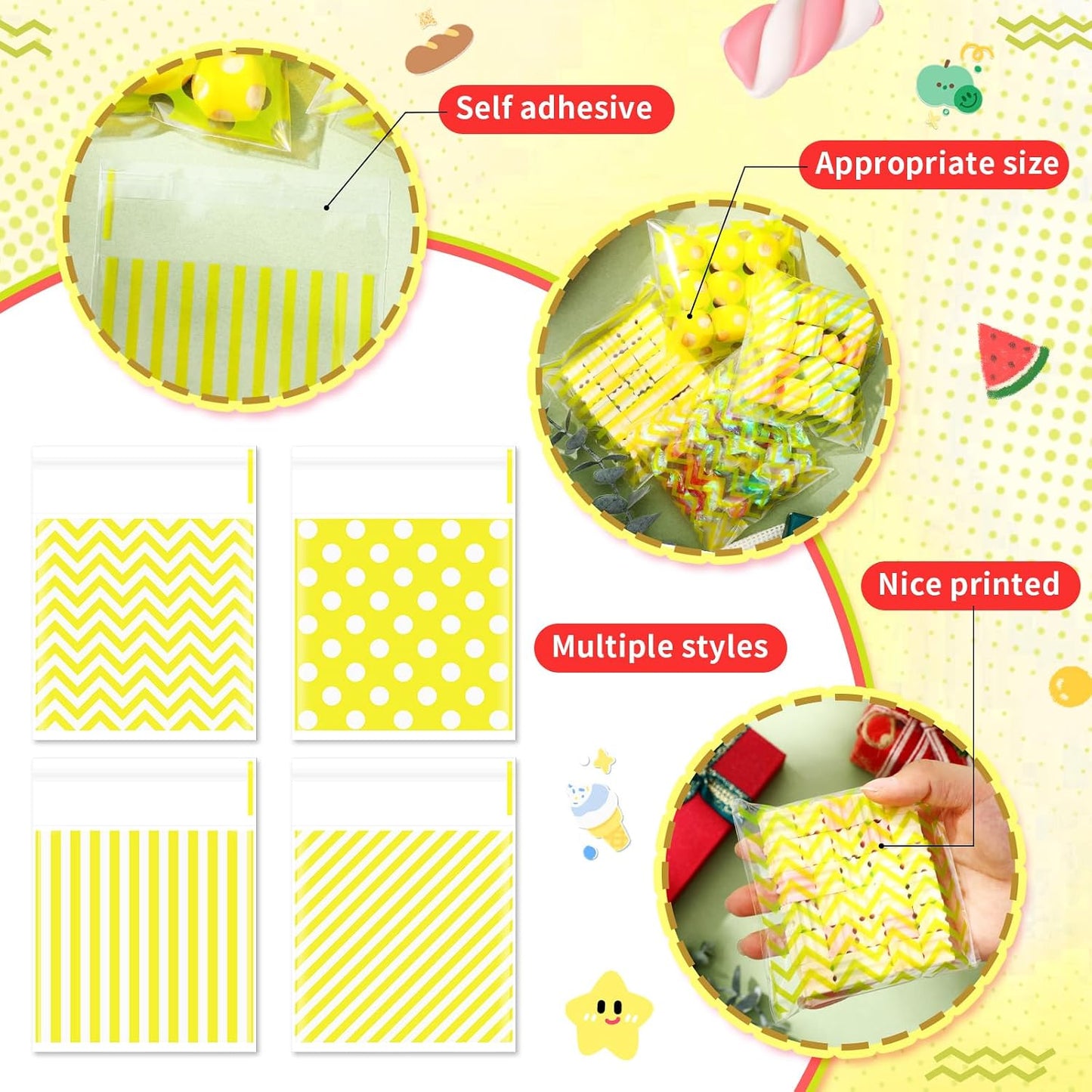 200 Pcs Cookie Bags, 4 x 4 in Self Sealing Cellophane Treat Bags Plastic Goodie Snack Bag Striped Polka Dot Candy Gift Bag for Summer Birthday Wedding Party Favors(Yellow)