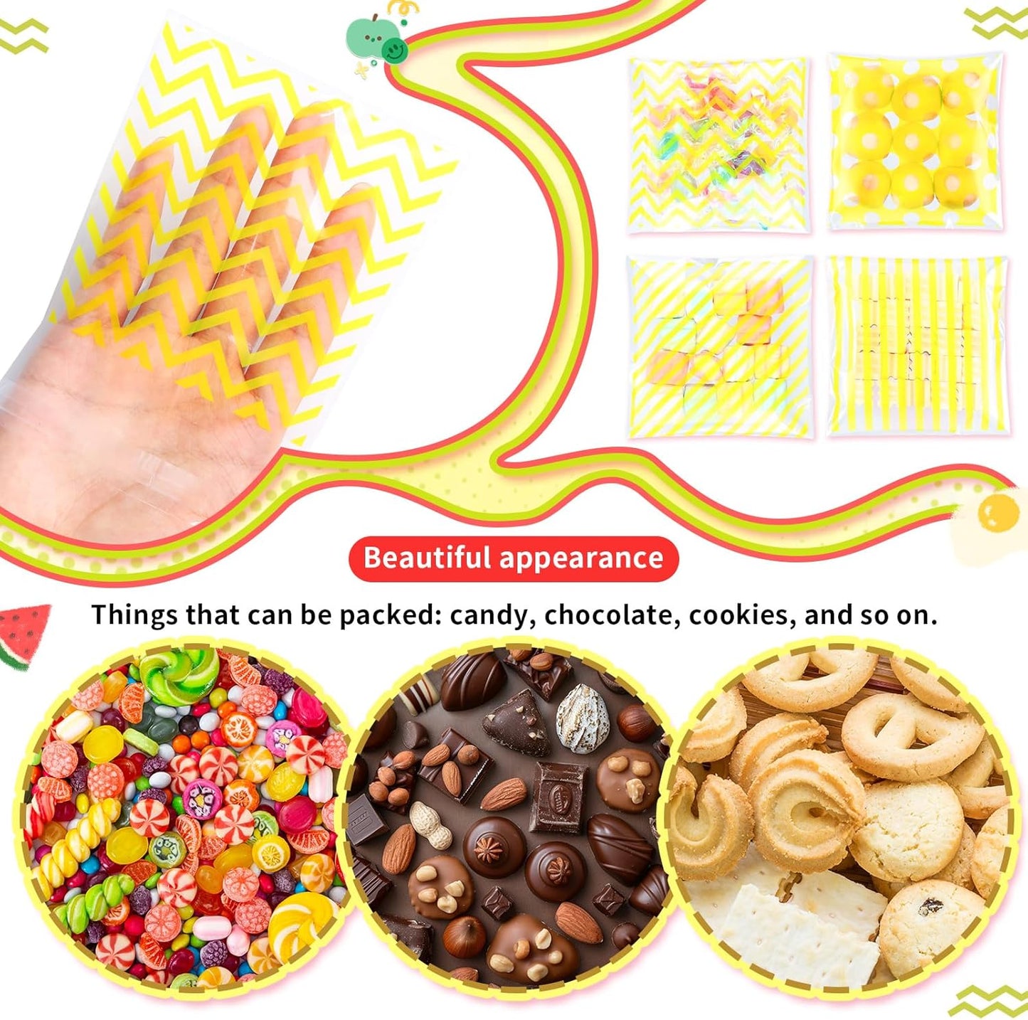 200 Pcs Cookie Bags, 4 x 4 in Self Sealing Cellophane Treat Bags Plastic Goodie Snack Bag Striped Polka Dot Candy Gift Bag for Summer Birthday Wedding Party Favors(Yellow)