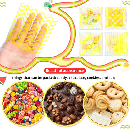 200 Pcs Cookie Bags, 4 x 4 in Self Sealing Cellophane Treat Bags Plastic Goodie Snack Bag Striped Polka Dot Candy Gift Bag for Summer Birthday Wedding Party Favors(Yellow)