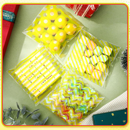 200 Pcs Cookie Bags, 4 x 4 in Self Sealing Cellophane Treat Bags Plastic Goodie Snack Bag Striped Polka Dot Candy Gift Bag for Summer Birthday Wedding Party Favors(Yellow)