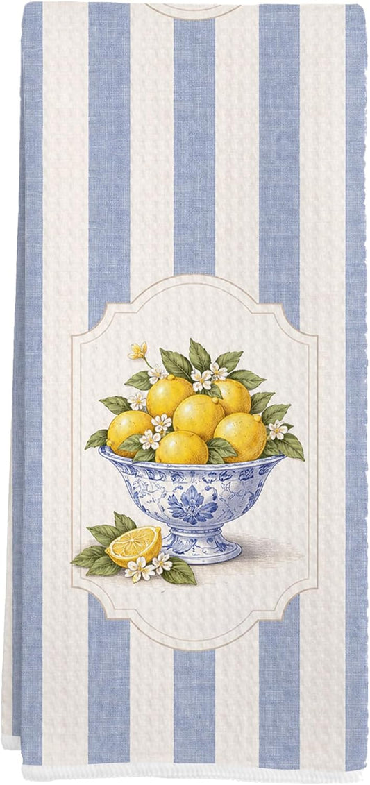 Blue and White Chinoiserie Lemon Striped Kitchen Towels 16x24 in, Vintage French Country Summer Lemon Decorative Hand Towels for Bathroom Kitchen, Cottagecore Fruit Dish Tea Towel